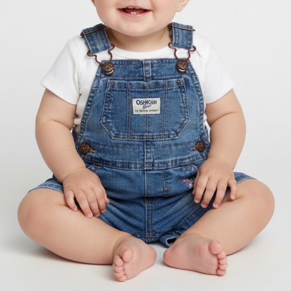 OshKosh B'gosh Baby Girl Floral Embroidered Dungarees Denim Overall Shorts 6M